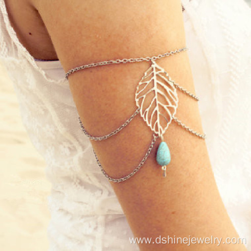 Silver Metal Leaf Turquoise Bead Pendant Upper Arm Bracelet